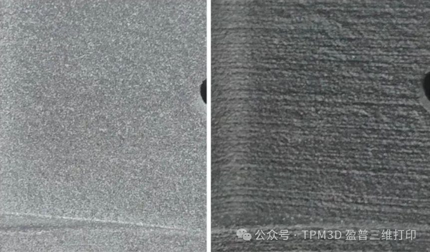 CO2激光器(左)與光纖激光器(右)打印相同零件的側(cè)壁效果對(duì)比參考